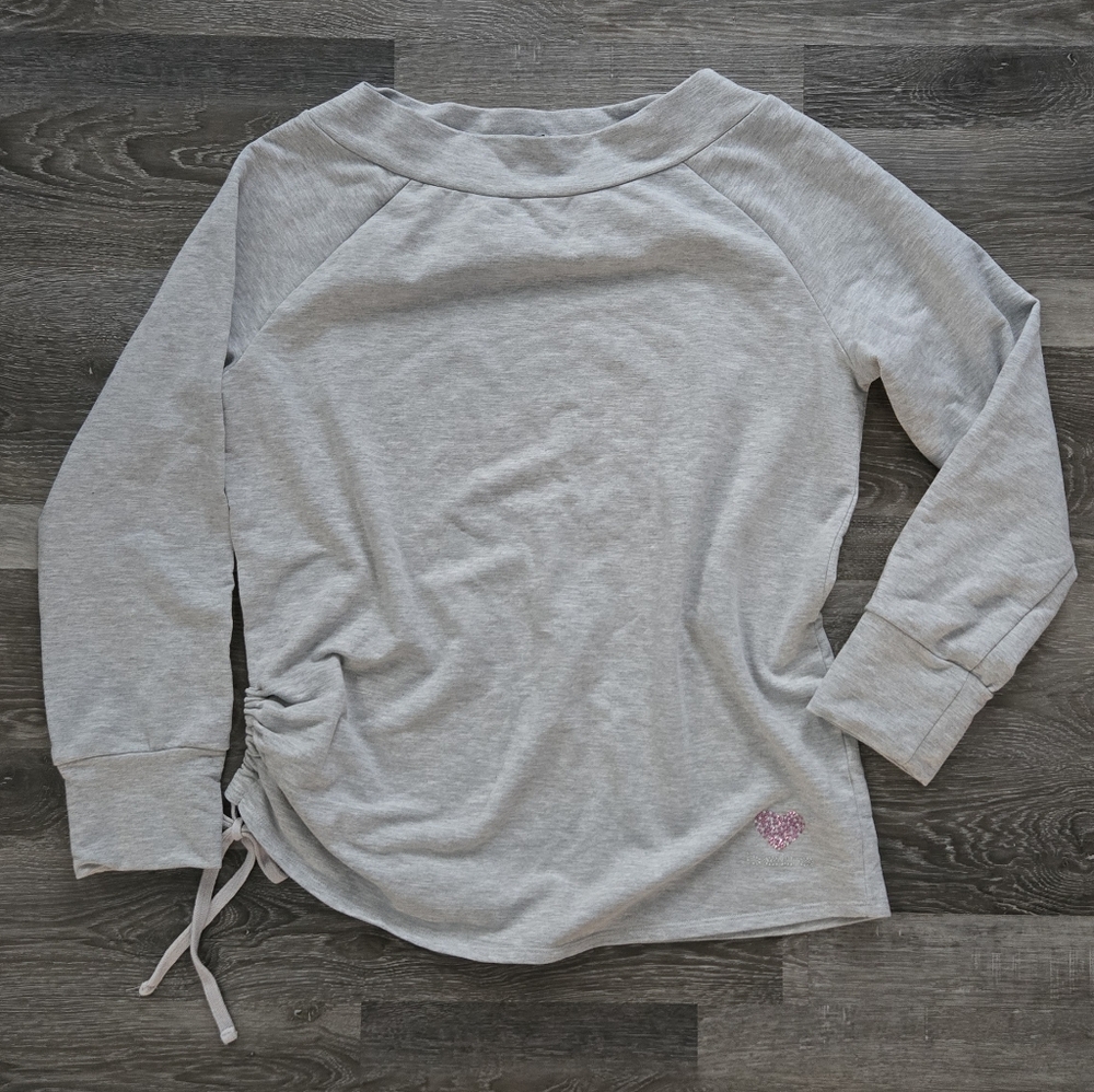 Gray Long Sleeve Wide Neck Sweater Top with Pink Heart Rhinestone